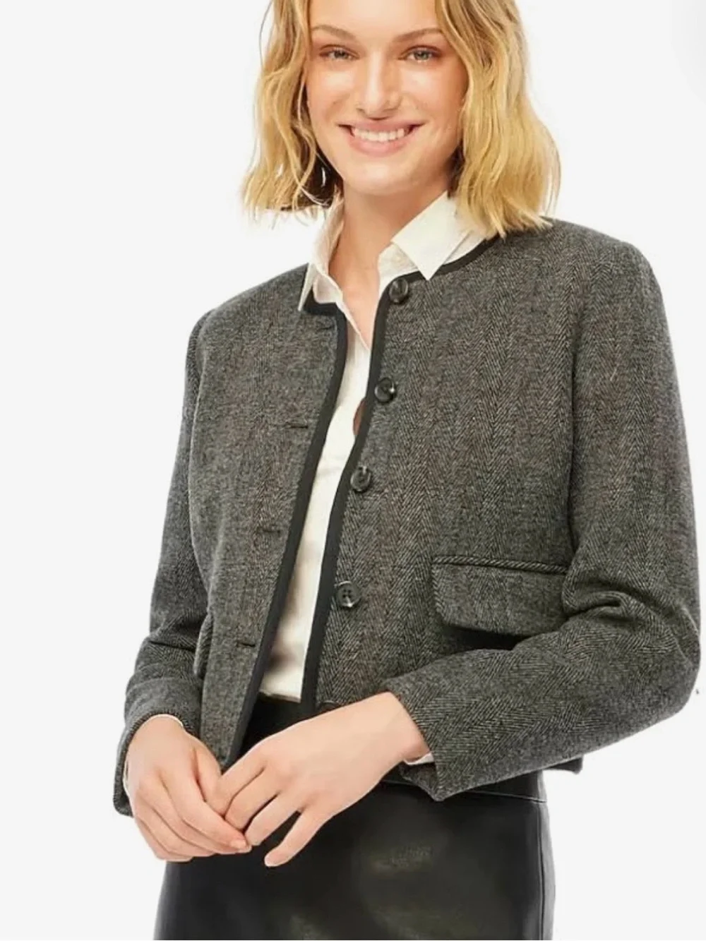 J. Crew Gray Collarless Cropped Wool-Blend Jacket